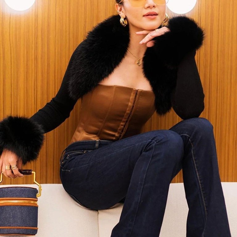 Faux Fur Collar Black Cropped Cardigan Women Long Sleeve Knits Cardigan  Sweater - Walmart.com