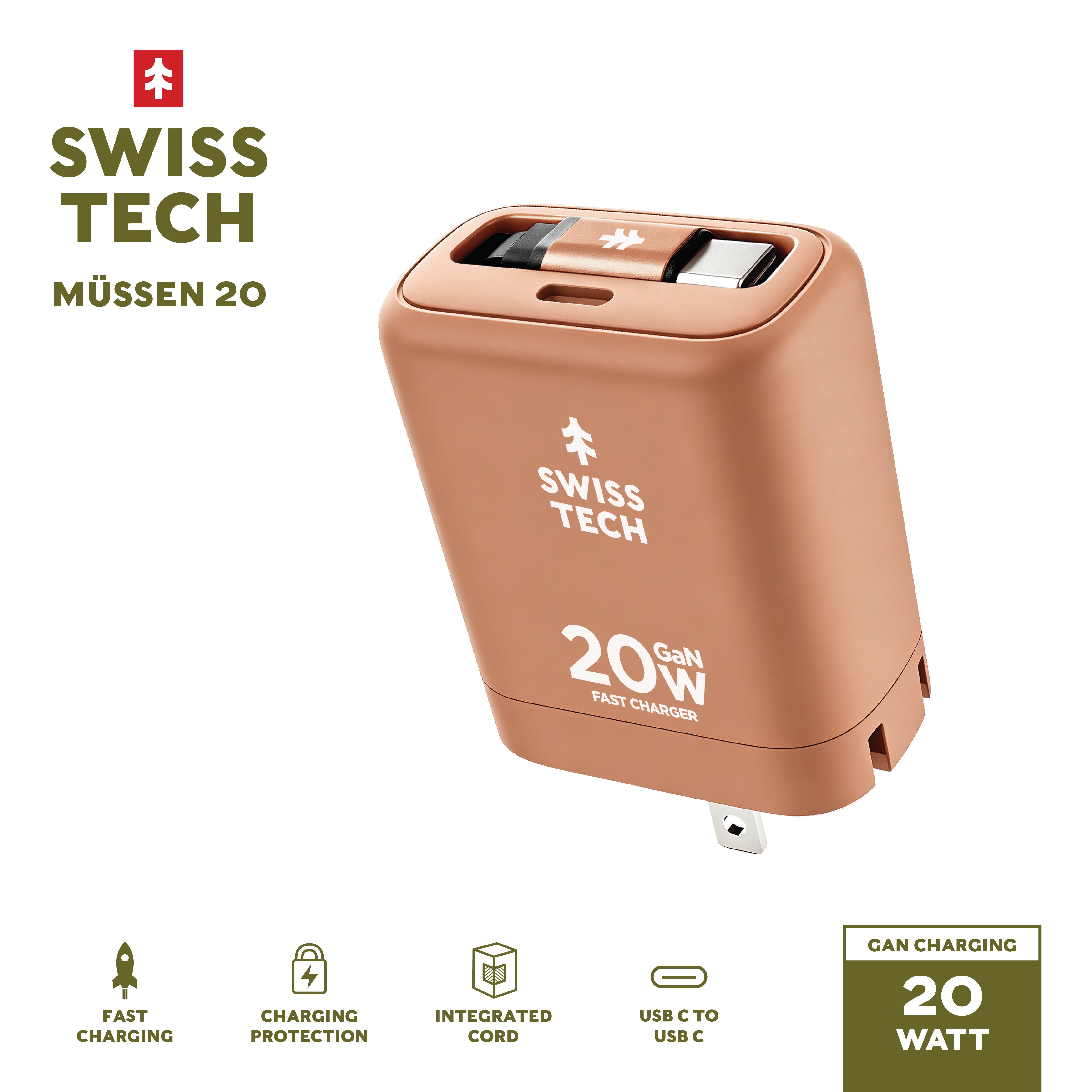 Swiss Tech Mussen 20W USB-C Wall Charger with Retractable Cable, Fast PD Charging, Terra Orange