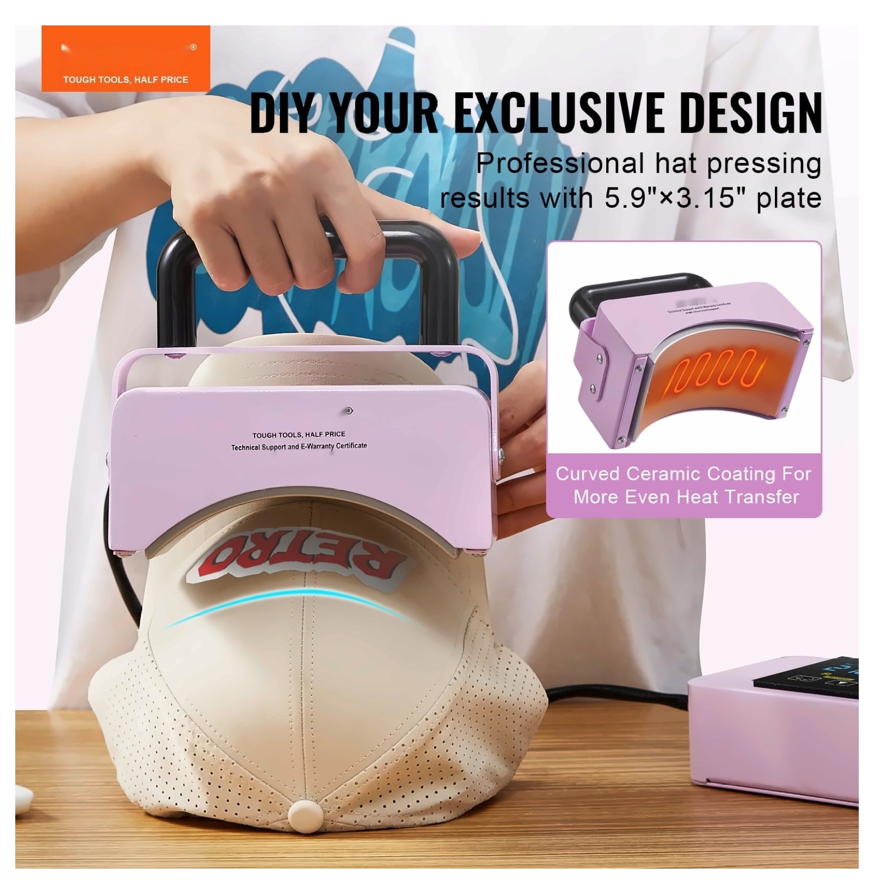 Hat Press Machine Mini for Caps 5.9x3.15 inch - Portable Heat Press for Hat DIY Crafts - Curved Ceramic Plate, Adjustable Temp, Silicone Pad