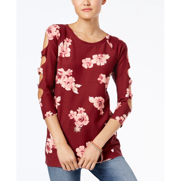 Almost Famous Juniors Cutout Sleeve Tunic Burgundy Floral XS