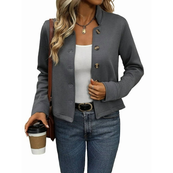 Women Button Down Cropped Jacket Long Sleeve Casual Jackets Fall Trendy Retro Stand Collar Coats Dark Gray L