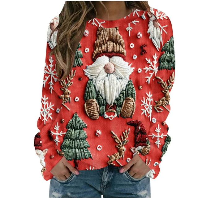 Staron Chandail en Molleton de Noël pour Femmes Manches Longues Gnomes Père Noël Joyeux Noël Hauts Mode Col Rond Chemise Décontractée Moelleuse Douce Idées Cadeaux pour Femmes