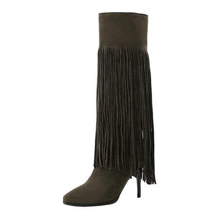 

ZHAGHMIN Women Short Boots Women S Foreign Trade Large European And American Autumn And Winter Tassel Thin High Heel Side Zipper High Boots Womens Knee High Boots Narrow Calf Womens Mud Boots Size 1