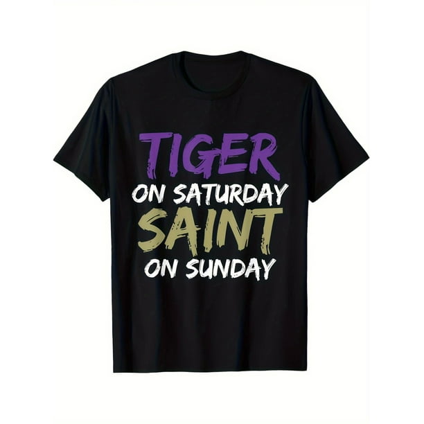 Tiger On Saturday Saint On Sunday Print Men's T-shirt 100% Cotton Short Sleeve 2024 T-Shirt Crew Neck Graphic Print T-Shirt, Casual Sporty Tee, Summer Gifts