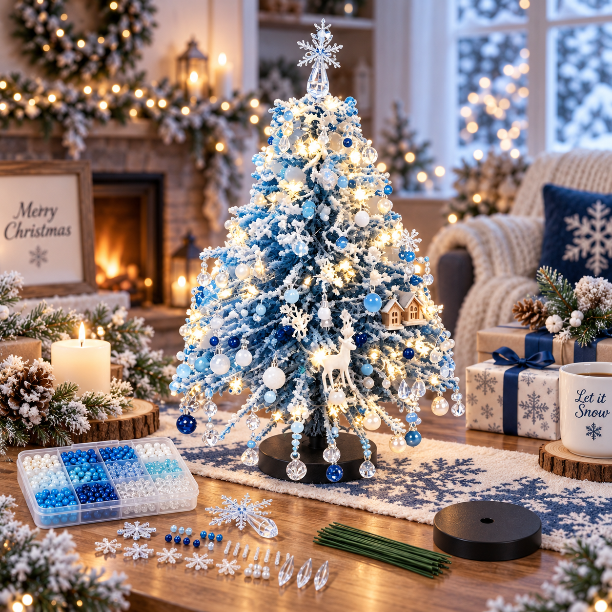 DIY Beaded Christmas Tree Kit Crystal Holiday Craft Set for Adults Colorful Beads Ornament Charms Metal Frame Warm Glow Display Tabletop Decor Christmas Gift
