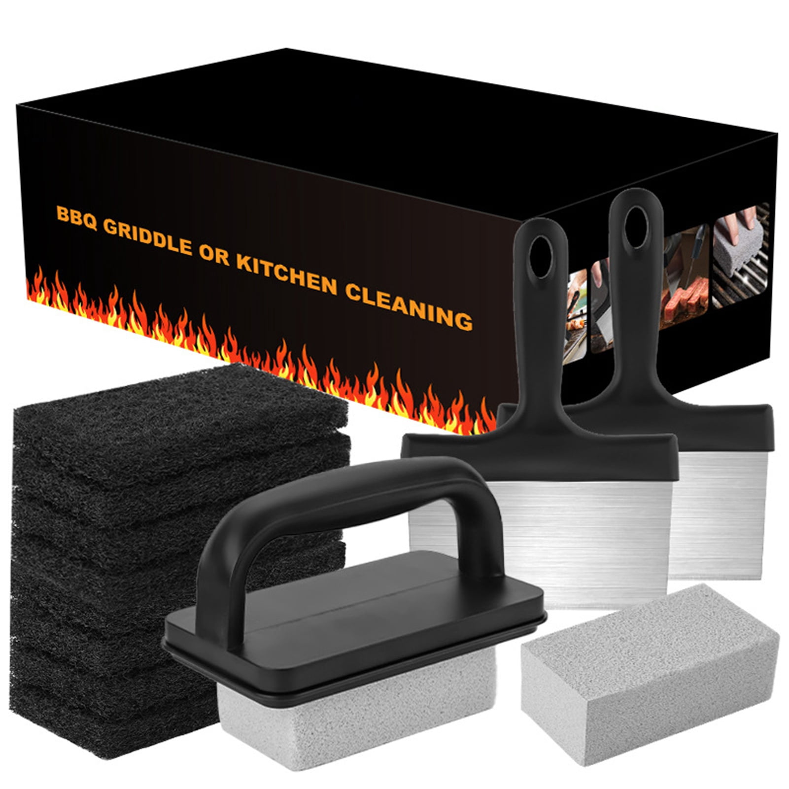 Opvise 1 Set BBQ Griddle Cleaning Tool Kit with Handle Scraper Scouring Pad Pumice Stone Brush Multifunctional Barbecue Flat Top Grill Cleaner Kit Sets