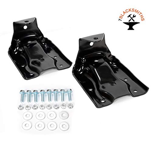 Rear Leaf Spring Hanger Shackle Bracket Pair Set for Chevy Silverado and GMC Sierra. Includes two black powder-coated hanger brackets, eight mounting bolts, eight locking nuts, and eight washers. Designed to replace broken, rusted, or rotted rear leaf spring hangers. Compatible with 1999-2007 GMC Sierra Classic 1500, 1999-2007 Chevy Silverado Classic 1500, 2007-2013 GMC Sierra 1500, 2007-2013 Chevy Silverado 1500, and hybrid models. Fits both driver and passenger sides.