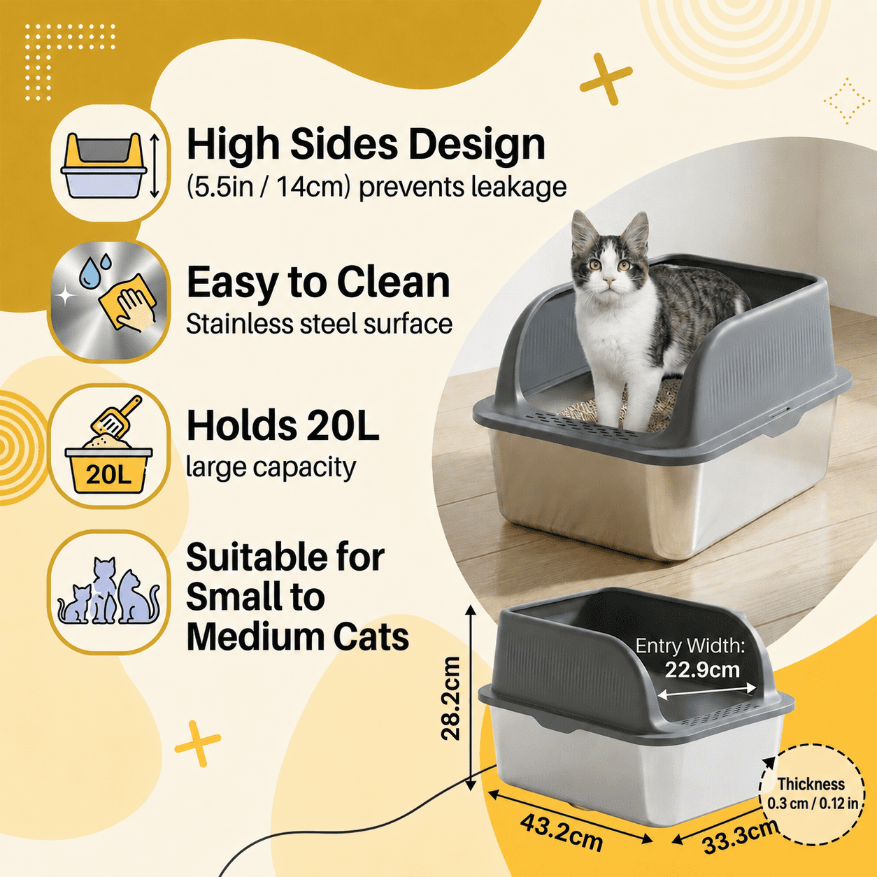 Grey Stainless Steel Cat Litter Box with High Rim Lid, Leak-Proof Indoor Cat Toilet for Small to Medium Cats, Durable Spacious Design with Litter Scoop, Non-Stick Easy Clean Odor & Scratch Resistant