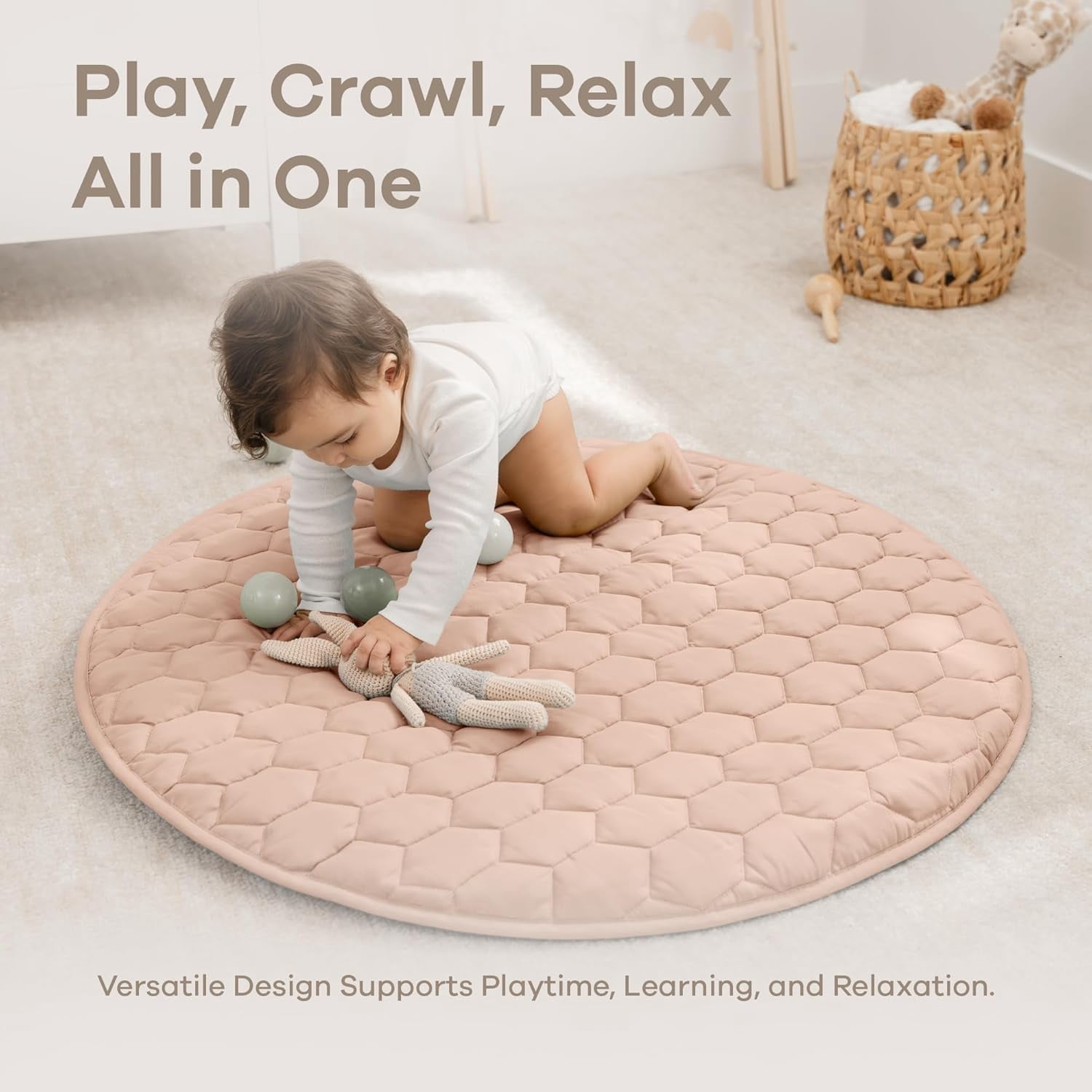 Comfy Cubs Premium Play Mat, Round (Small) 36" - Kids & Toddler Play Mat, Non-Slip Bottom - Blush