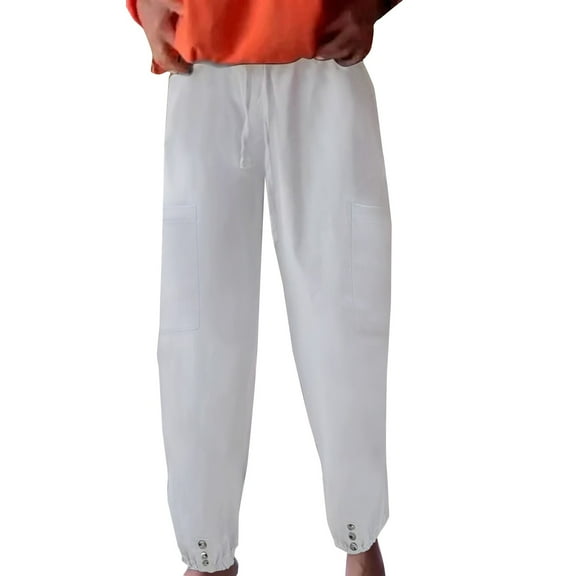 yunLCZ Pants for Women High Waisted Women's Capri Pants High Waist Drawstring Bottom With Button Cotton Loose Casual Trouser With Pockets