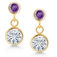 thumbnail image 2 of Gem Stone King 14k Yellow Gold White Moissanite and Purple Amethyst Two Stone Dangle Earrings for Women (1.80 Cttw, Gemstone, Round 6MM, Round 3MM), 2 of 4
