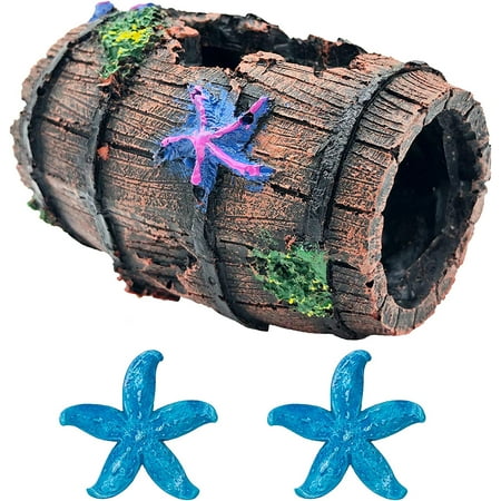 Star-Fish Broken Barrel Decor Resin Betta Fish Tank Accessories Ornaments for Fish Cave Hide Tank Decorations, Broken Barrel x 1pc, Blue Star Fish Ornaments x 2pcs