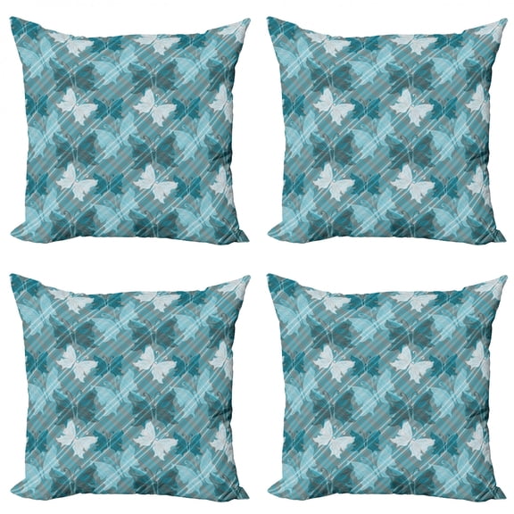 Ambesonne Grunge Throw Pillow Cover 4 Pack, Butterfly Spring Season, 18", Pale Blue Teal Grey