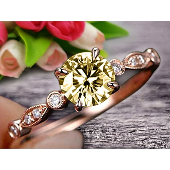 6mm Round Cut Champagne Diamond Moissanite Engagement Ring Classic Vintage Style 1.50 Carat Art Deco Ring on 10k Rose Gold