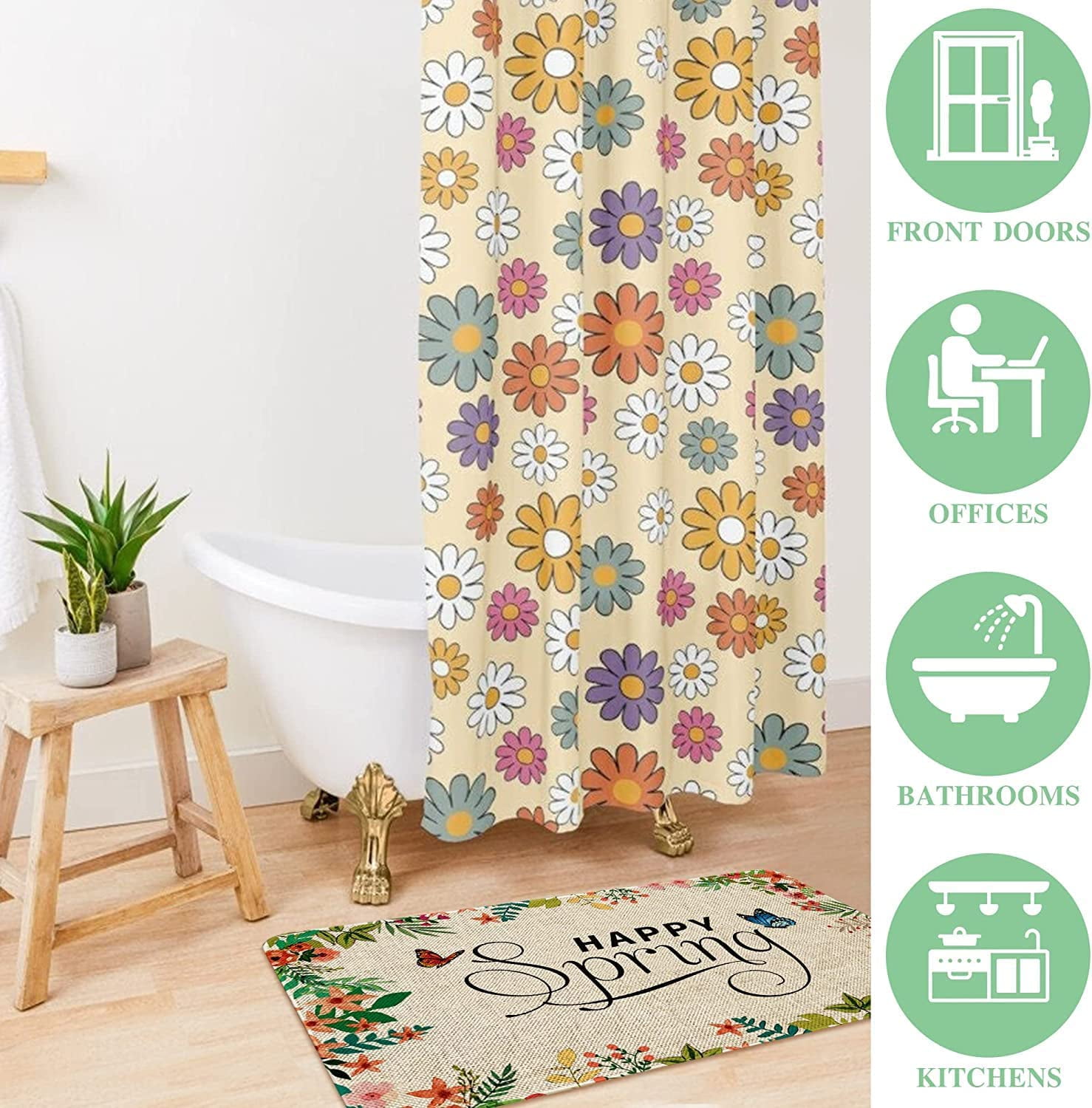 Happy Spring Outdoor Door Mat Flower Farmhouse Decor Welcome Mats Colorful Flowers Doormat Non Slip Rubber Floral Decorative Front Door Mats Indoor Rug 17" x 30"