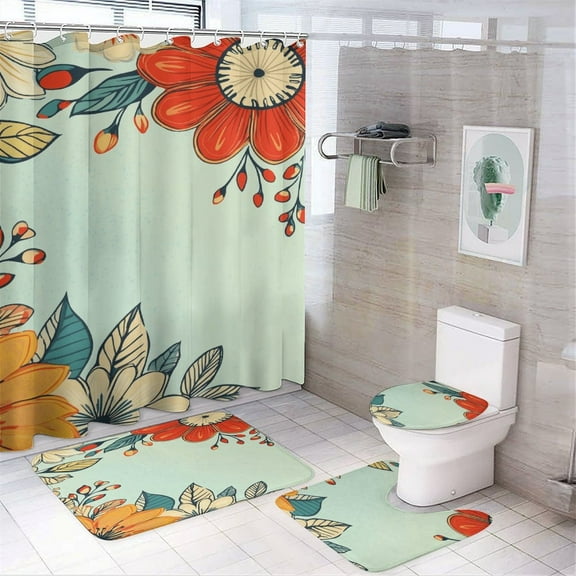 Bohemian Mandala (86) Shower Curtain Set 4PCs with Hooks Waterproof Bathroom Toilet Mat Lid Decor