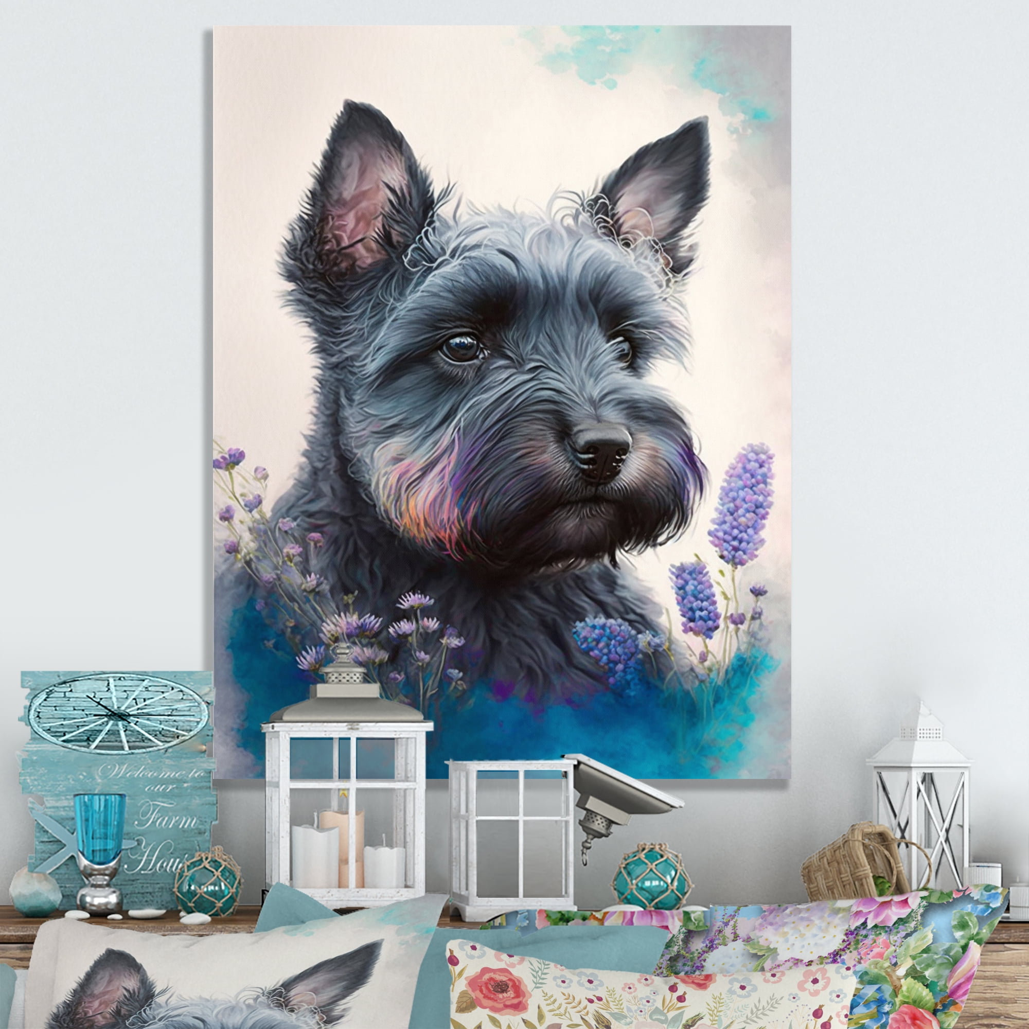 Designart Cute Schnauzer Floral Art Canvas Wall Art