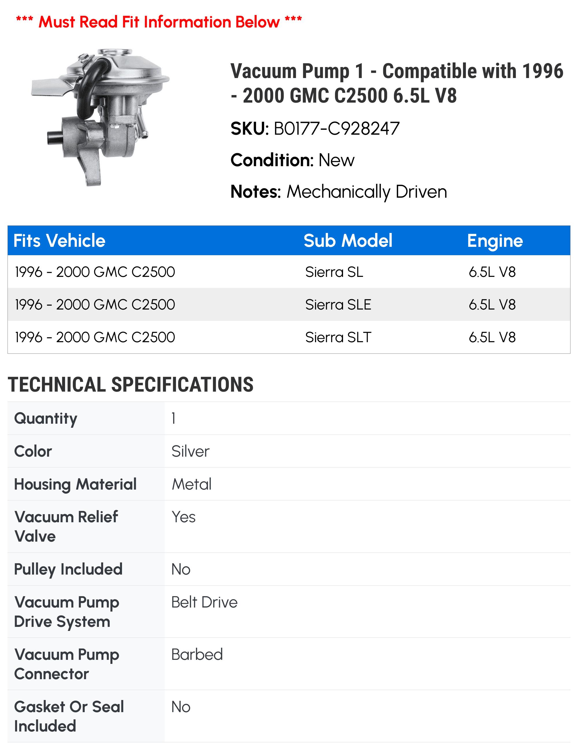 Vacuum Pump 1 - Compatible with 1996 - 2000 GMC C2500 6.5L V8 - Autopart Premium
