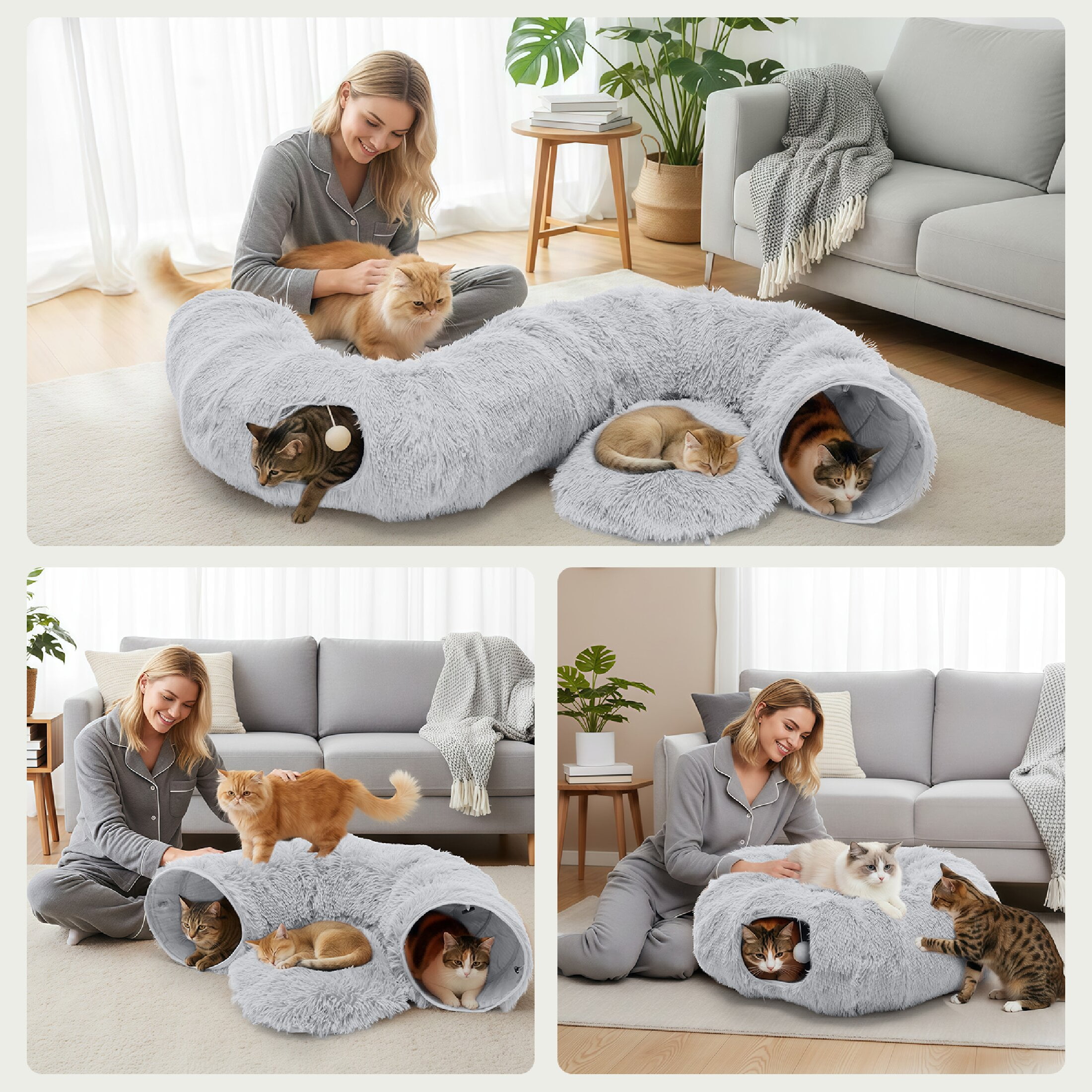 edx Cat Tunnel Bed for Indoor Cats, Soft Plush Peekaboo Hideaway Cave with Circle Cushion, Washable Multifunctional Playground Cat Donut Tunnel for Kittens, Rabbit, Ferret, Grey