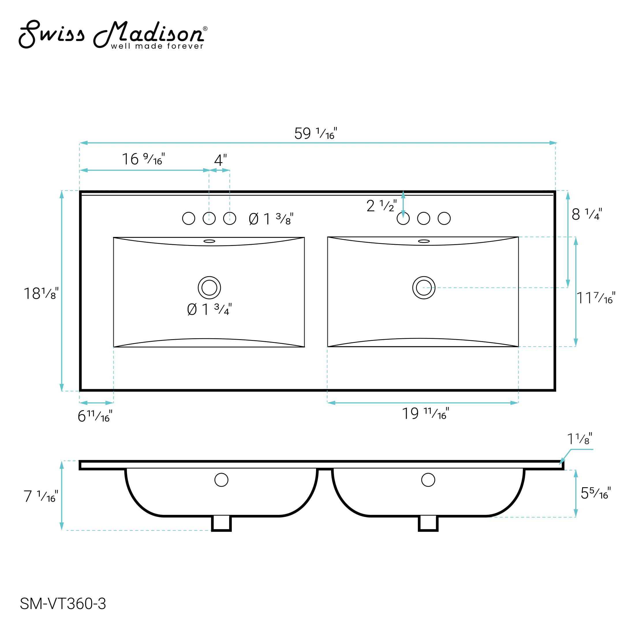 60 inch Vanity Top Bathroom Sink with 3 Holes