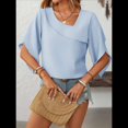 thumbnail image 4 of Blusas Informales Elegantes para Mujer, Blusas Asimétricas de Cuello en V para Trabajo, Camisas de Verano con Mangas con Volantes. Azul L, 4 of 7