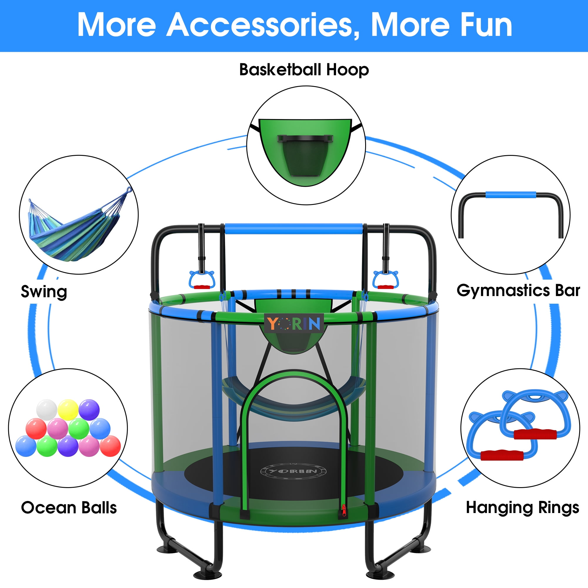 YORIN Trampoline for Kids, 55'' Toddler Mini Trampoline with Enclosure Net, Basketball Hoop, 4.5FT Indoor/Outdoor Kids Trampoline with Swing, Adjustable Gymnastics Bars, Gifts for Boys Girls, 500LBS