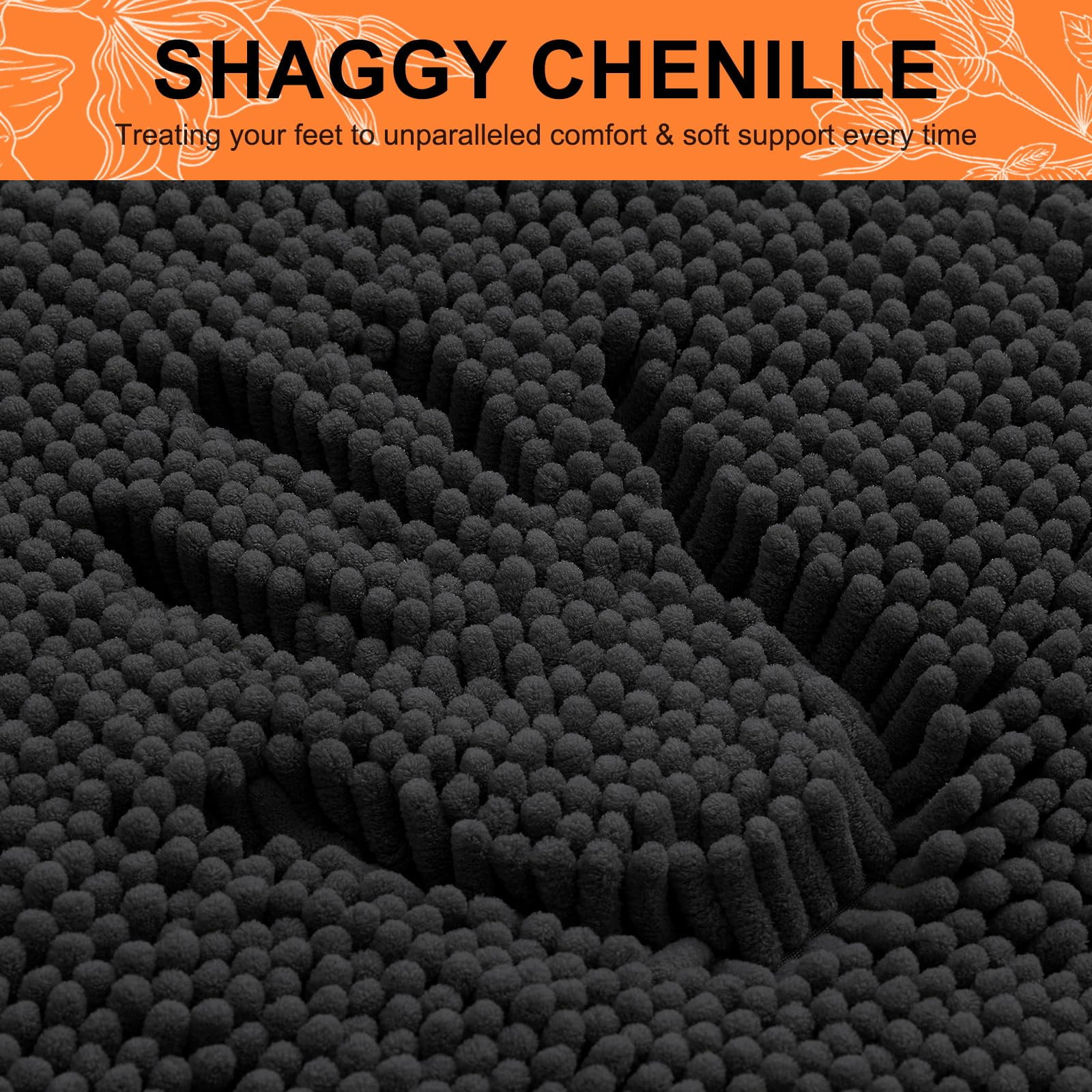 Smiry Bathroom Rugs Sets 2 Piece, Soft Absorbent Chenille Bath Rug Set, Non Slip Machine Washable Shaggy Bath Mats for Tub, Shower, and Floor (30x20+24x16, Black)