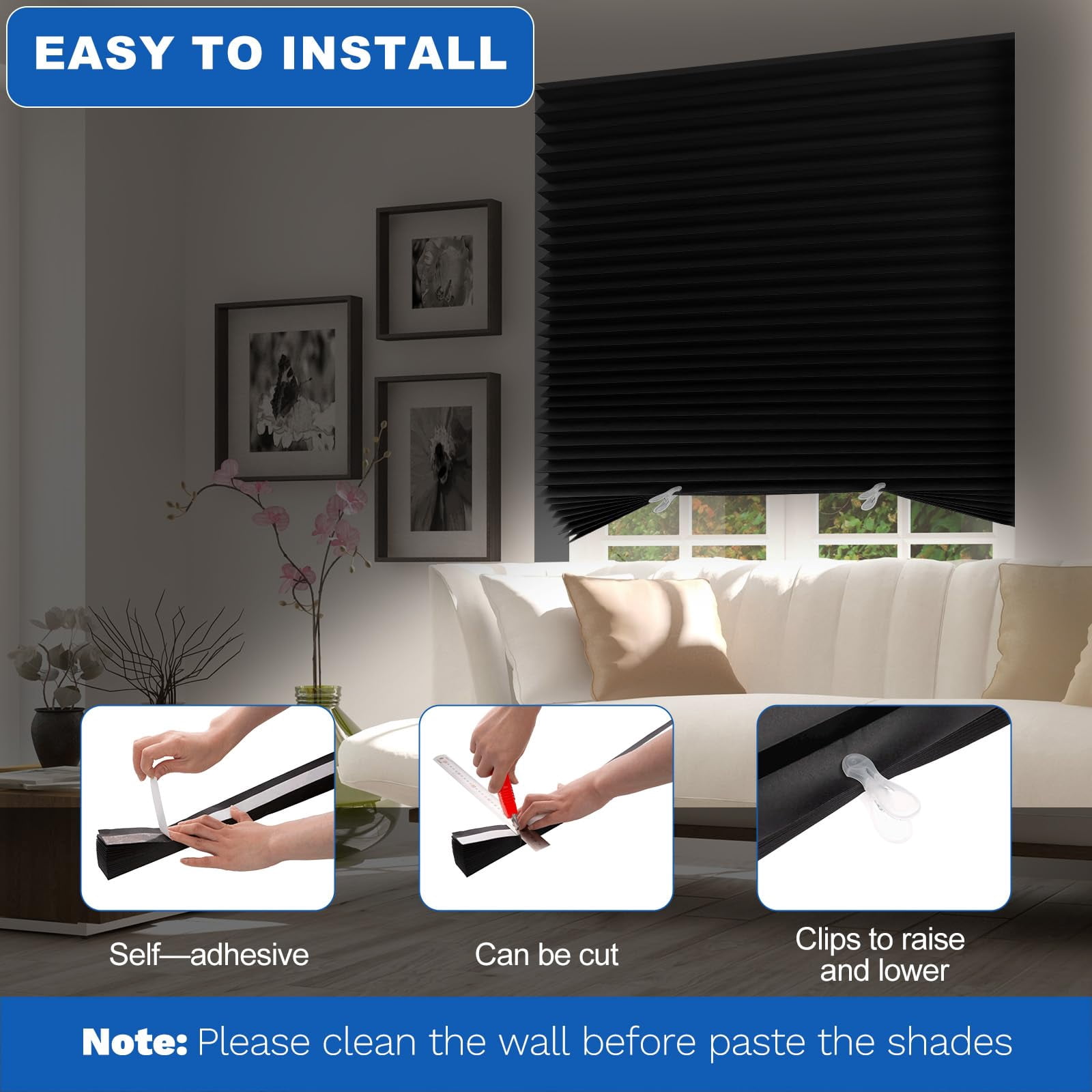 Blackout Paper Window Blinds 36" X 72" - 6 Pack Temporary Cordless Stick On Self-adhesive No Drill Shades  Darkening Pleated Cover For Bedroom Kitchen Patio Door (black 100% Material)