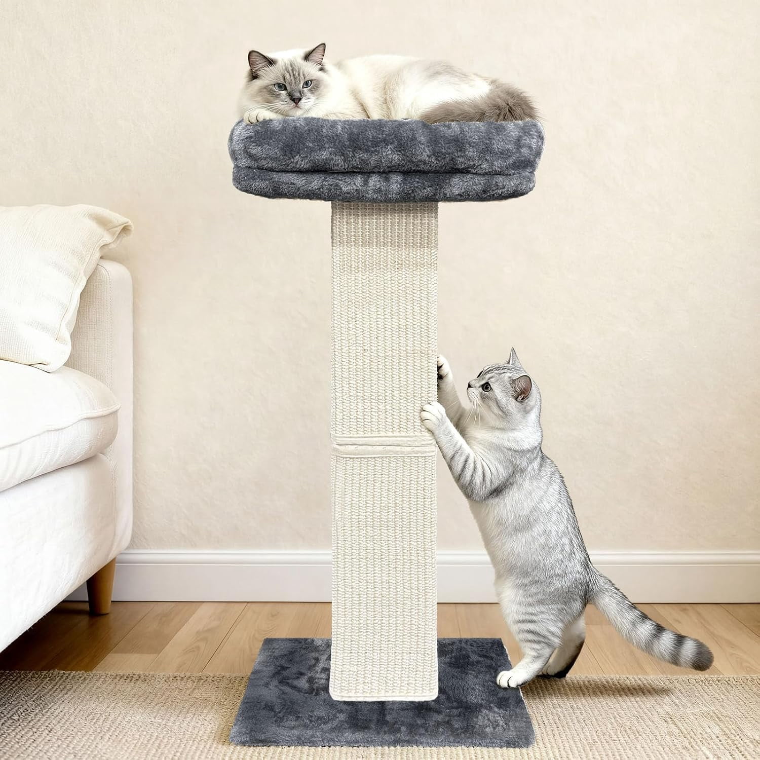 Scratching Post, 32 Inch Vertical Sisal Tower with Elevated Plush Bed & Carpet Pad for Indoor Cats,
