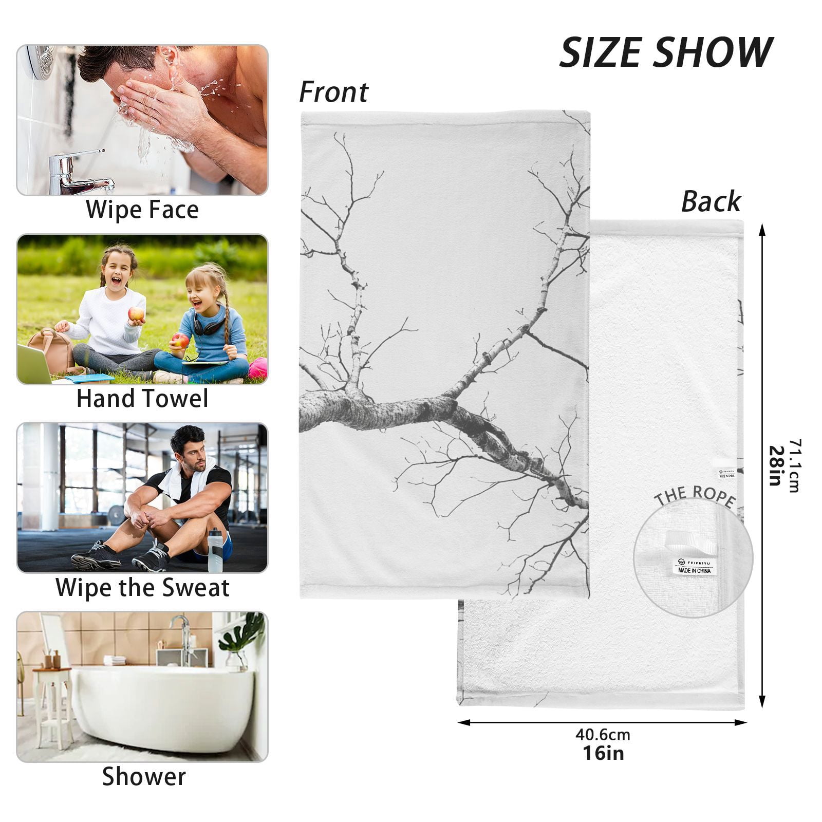 Gray Tree Branch Hand Towels Cotton Bath Towels Large Face Towels Absorbent for Bathroom 2 Packs
