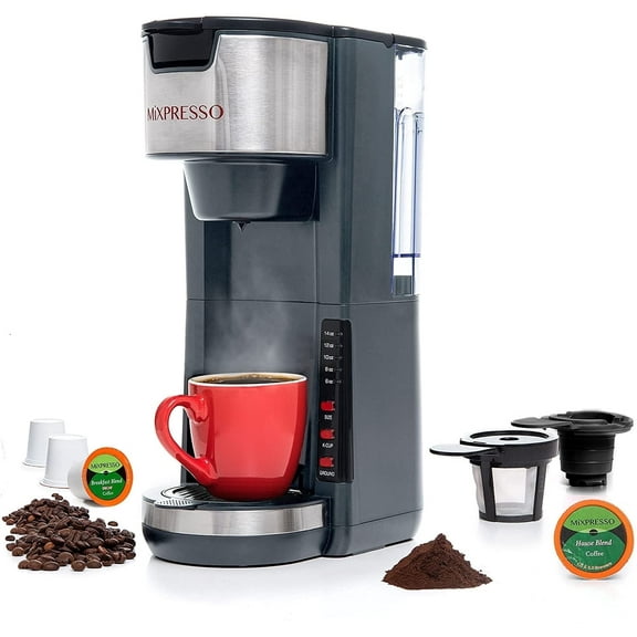 Mixpresso Single Serve Coffee Brewer K-Cup Pods Compatible & Ground Coffee 30 oz (Grey)