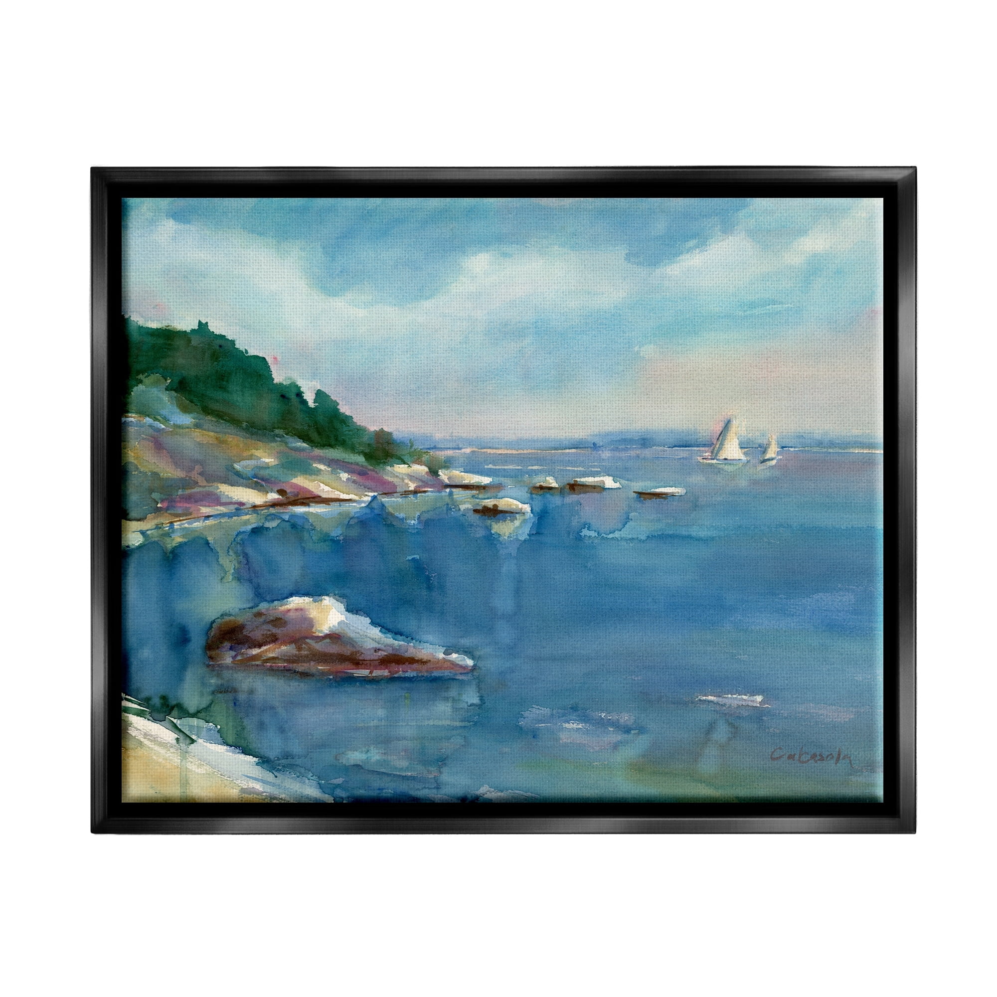 Stupell Industries Boats Floating Rocky Beach Cliffs Watercolor Detail Painting Metallic Gold Floating Framed Canvas Print Wall Art, Design by Stephen Calcasola