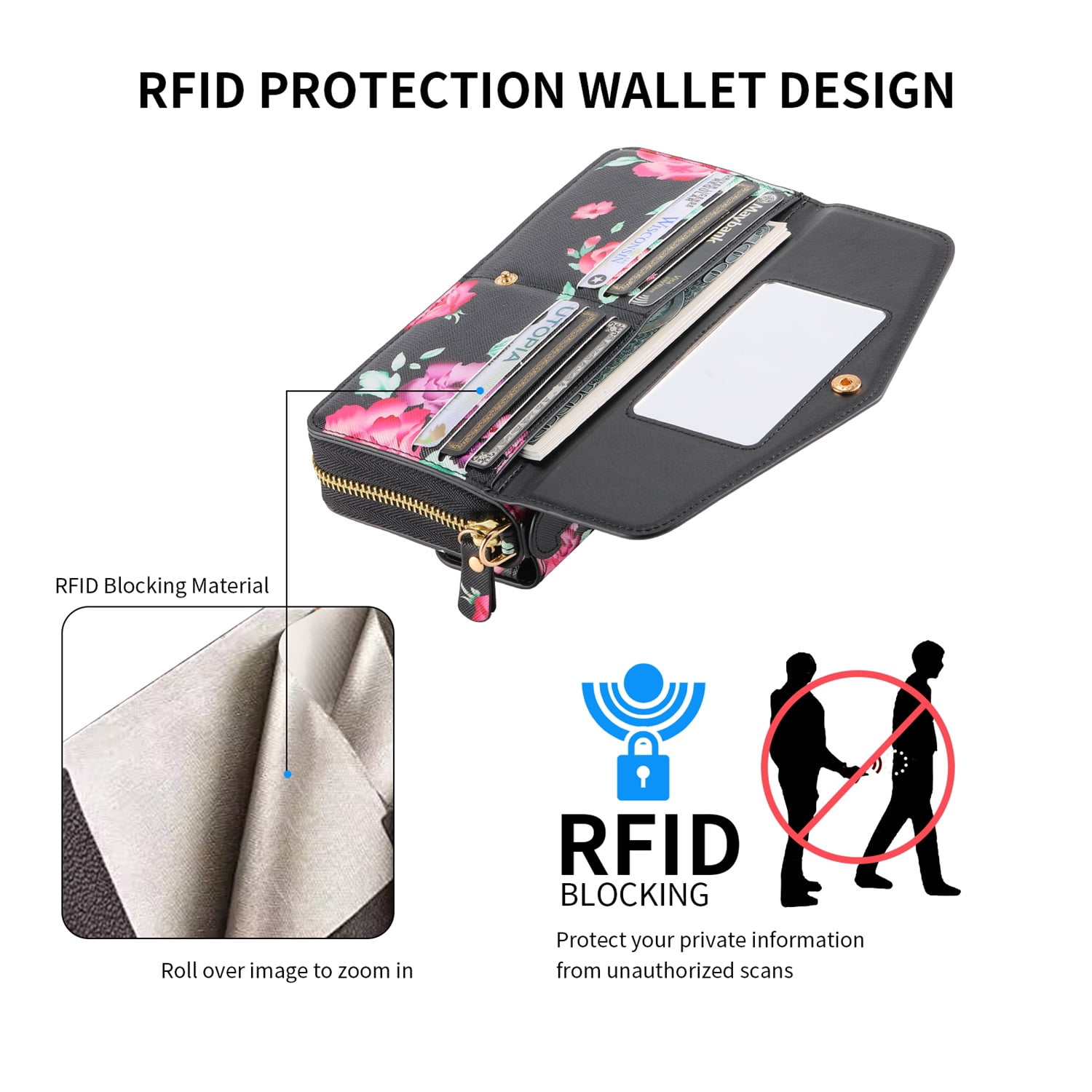 SaniMore Magnetic Detachable Wallet Case for iPhone 13 Pro Max, Flower Pattern RFID Blocking Cover Support Wireless Charging Card Slot Shoulder & Wrist Strap 360° Full Protective Shell, Black