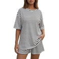 thumbnail image 2 of Bexdxz Women's Casual Striped Short Sleeve 2 Piece Summer Set Oversized Top & Loose Fit Shorts with Pockets White L, 2 of 6