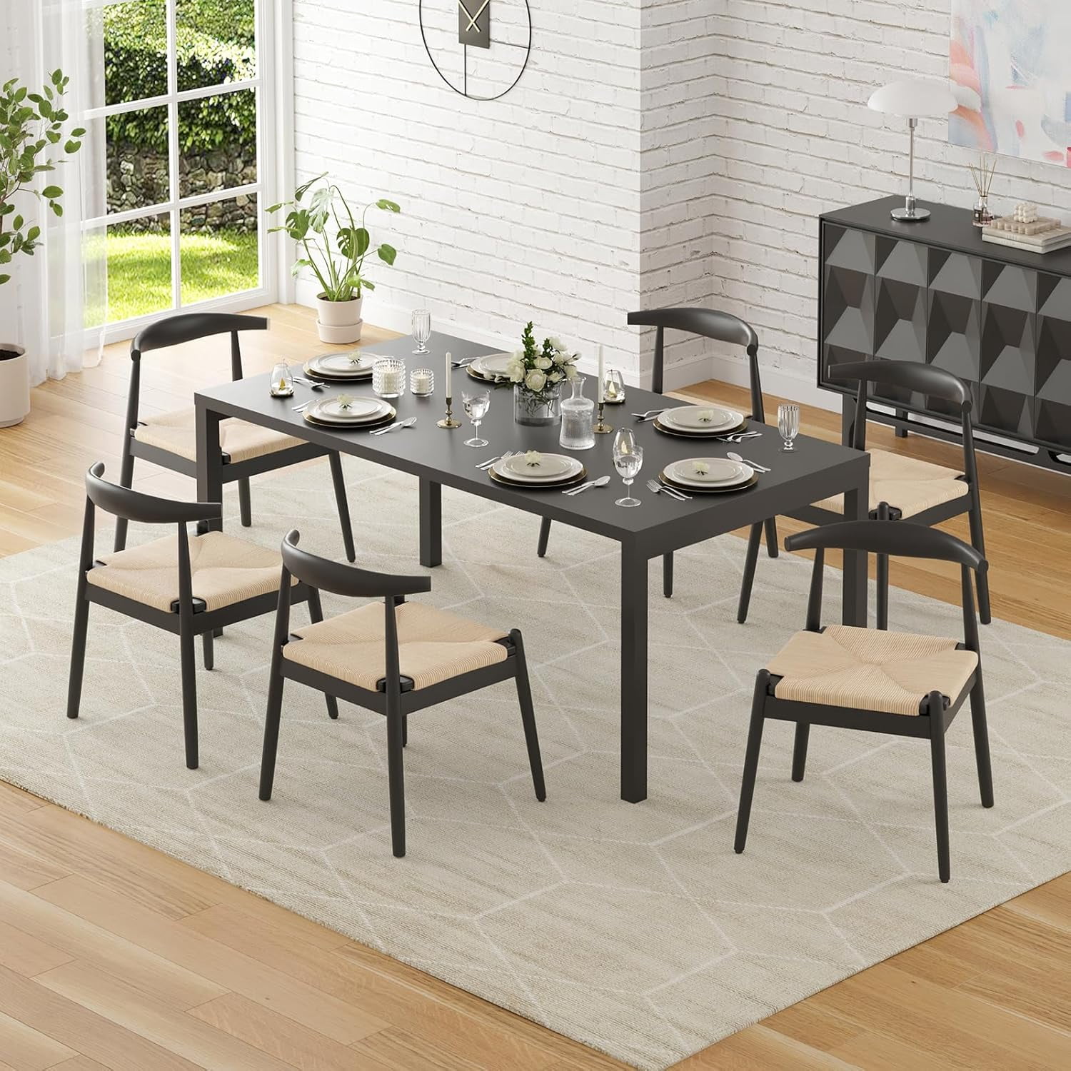 Farini Mid-Century Dining Chairs Set of 4, Solid Wood Frame & Woven Leather Seats, Black-Beige