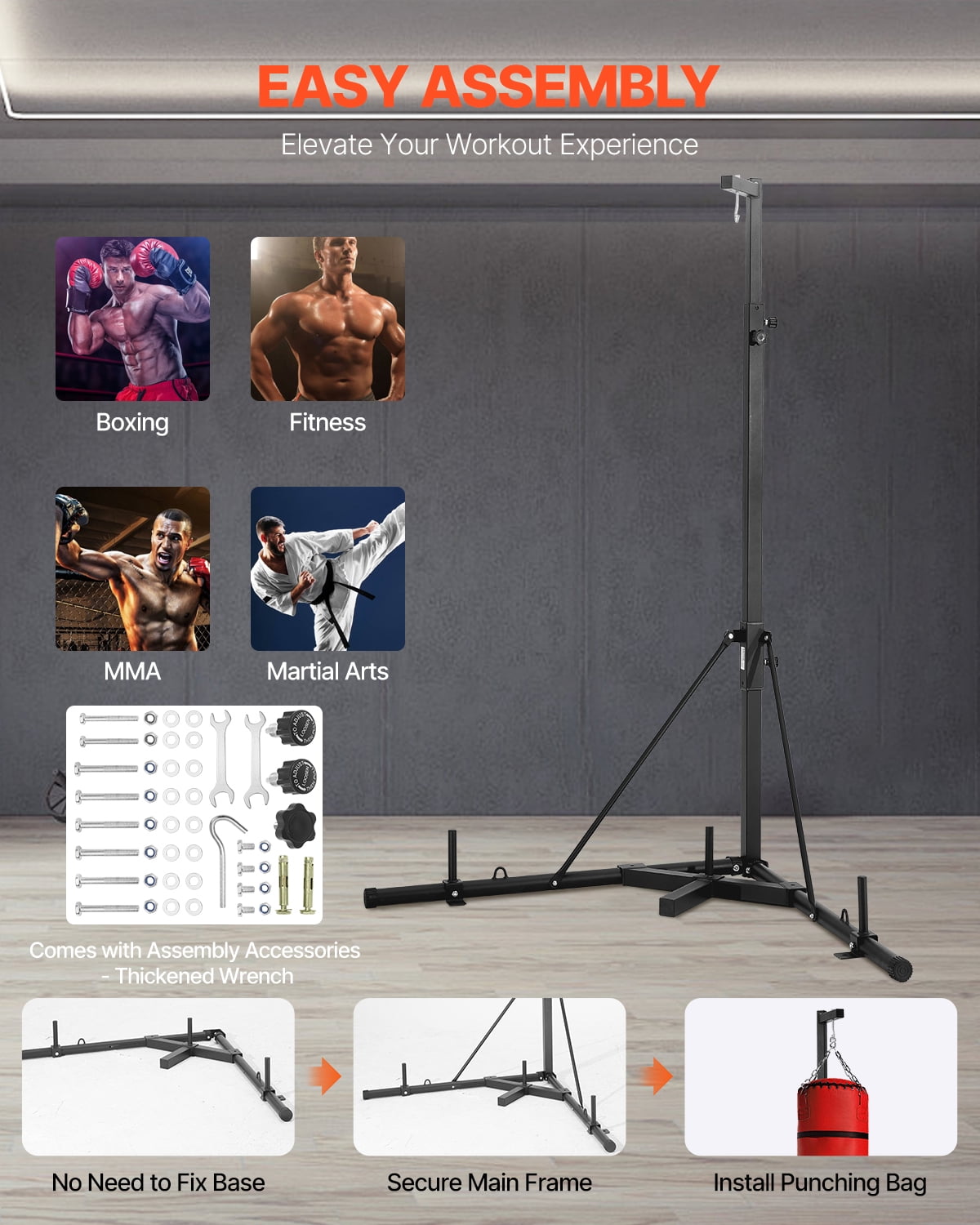 VEVOR Punching Bag Stand, Steel Heavy Duty Workout Training Equipment, Adjustable Height Boxing Punching Stand with Weighted Base, Holds Up to 140 lbs, Freestanding Sandbag Rack for Home Gym Fitness
