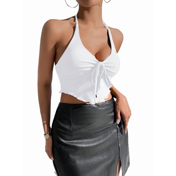 Y2k Front Tie Crop Tops Halter Neck Flowy Plisse Summer Going Out Top Split Sleeveless Shirt White S