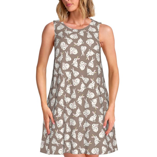 Easygdp Cute Rabbit para Vestido Transpirable de Mujer, Vestido Suelto de Manga Corta con Pliegues y Bolsillos para el Verano