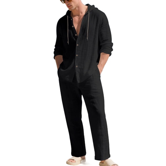 ZVNAΖH Men's Boho Linen 2-Piece Set Long Sleeve Hooded Button Up Shirt & Drawstring Pants Summer Beach Casual Outfit