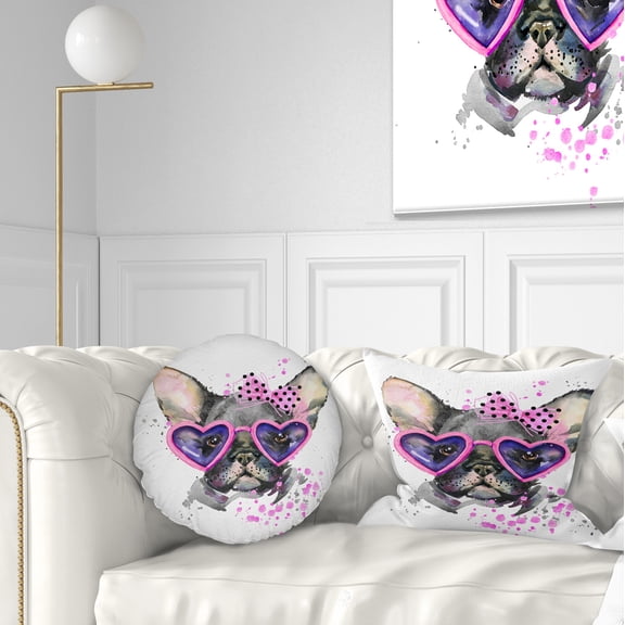 Designart Cute Dog with Pink Glasses - Animal Throw Pillow - 12x20