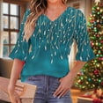 thumbnail image 6 of Guzom Carnival Womens Blue Teal V Neck 3/4 Sleeve Ruffled Cuff Top, 95% Polyester 5% Spandex Stretch Wrinkle Resistant Relaxed Fit Blouse for Daily & Casual Work (S-2XL),Size L, 6 of 7