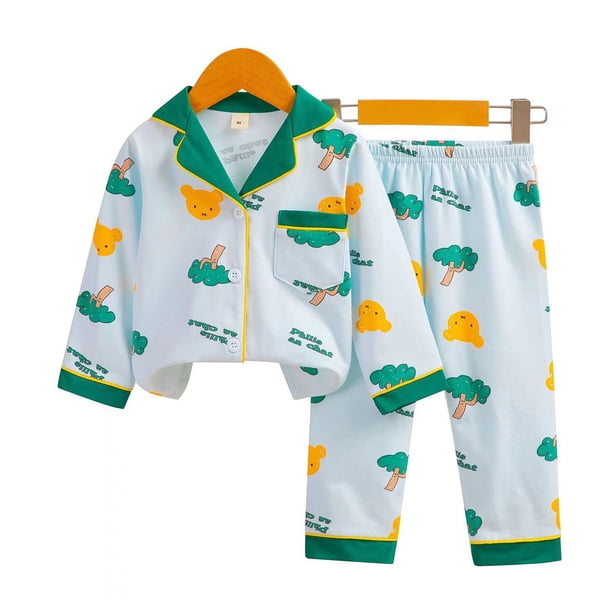 Conjunto de ropa de hogar para niños con cárdigan de solapa con contraste de otoño, pijama de algodón de licra para niños y niñas, ropa de habitación con aire acondicionado de verano