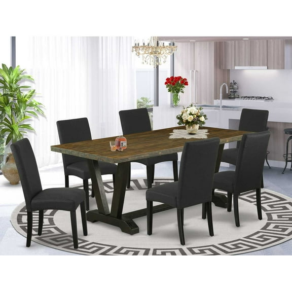 East West Furniture V-Style 7-piece Dining Set w/ Fabric Chairs in Brown/Black