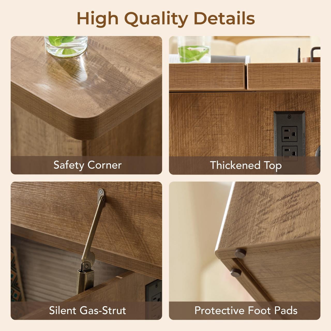 Spruce & Spring 31" Square Lift Top Coffee Table with Storage & Charging Station, USB-A & USB-C Ports, Center Table with Round Corner for Living Room, Natural Wood Finish