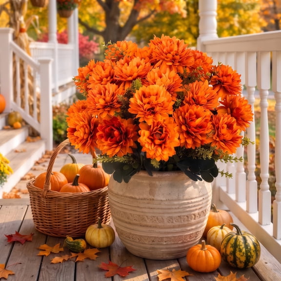 Scidweet Artificial Fall Flowers Outdoors, 4 Pcs 36 Heads Fake Silk Chrysanthemums Flowers Fall Decorations for Outside Home Autumn Indoor Table Yard Garden Patio Decor, Orange