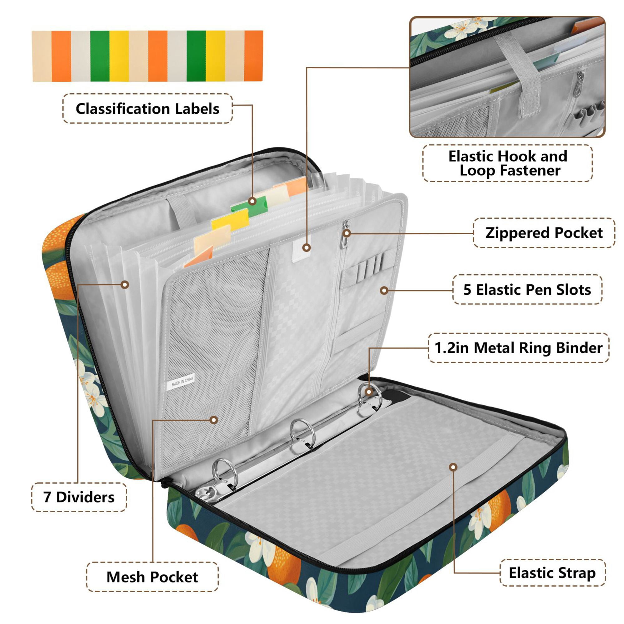 FORMRS Accordion File Folder A4 Size 7-Pocket Expanding Document Organizer Bag with 3 Ring Binder, Orange Fruit