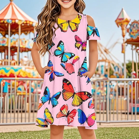 JUSLIO Dresses for Girls Tie Dye Dresses with Pockets Crew Neck Short Sleeve Casual Dress Size 3 Y