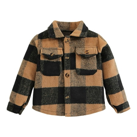 

Huesdet Baby Boys Kids Long Sleeve Button Up Plaid Shirts Fall Winter Flannel Shacket Jackets Tartan Tops（Khaki 12-18 Months）