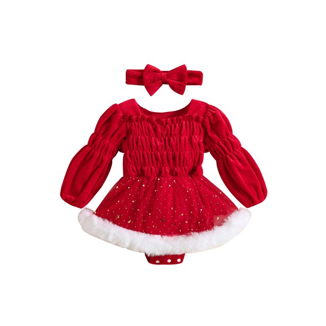 WIFORNT Bébé Filles Christm Cual Romper Robe Rouge à Manches Longues Étoile Lune Imprimé Froncé Romper avec Bandeau