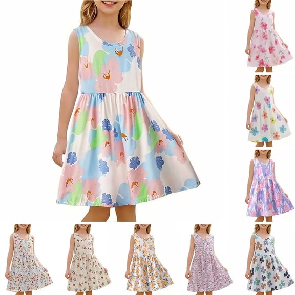 OVAFBAU Girls Dresses Summer Outfits Floral Print Sleeveless Sundress A Line Beach Cotton Sundress